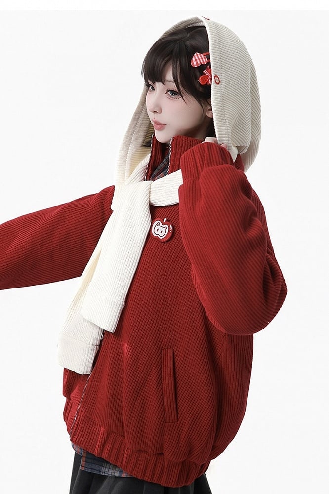 Red - Knit Patch Jacket Banded Brooch Apple Collar
