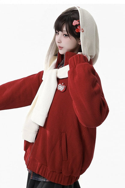 Red - Knit Patch Jacket Banded Brooch Apple Collar