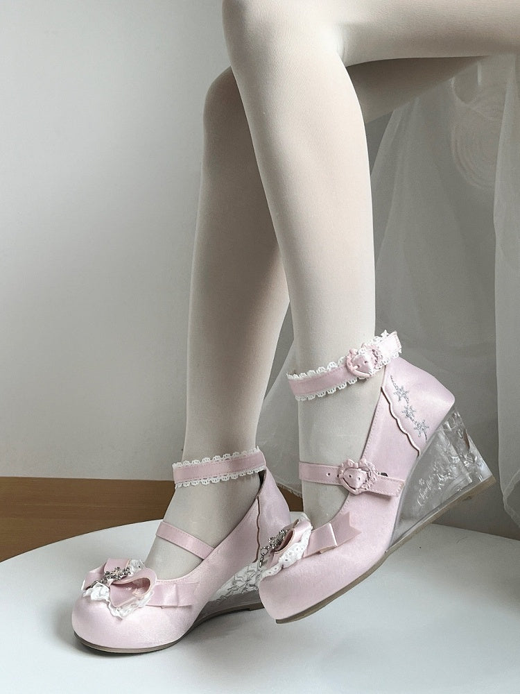 Pink Snow Embroidery Heart Buckle Shoes with Transparent Heel - Vintage Sweetheart