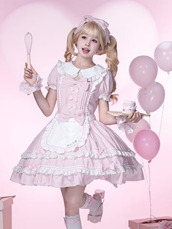 Lolita Dress Piece Accents School Pink Peter Pan Collar Bowknot Light Old One