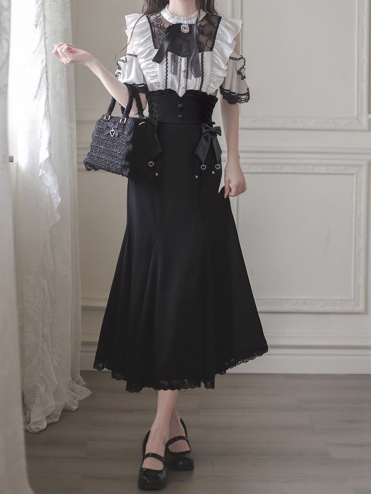 Lace Trim Black Waist Details Jirai at with Kei Lace-up Skirt Mermaid Side