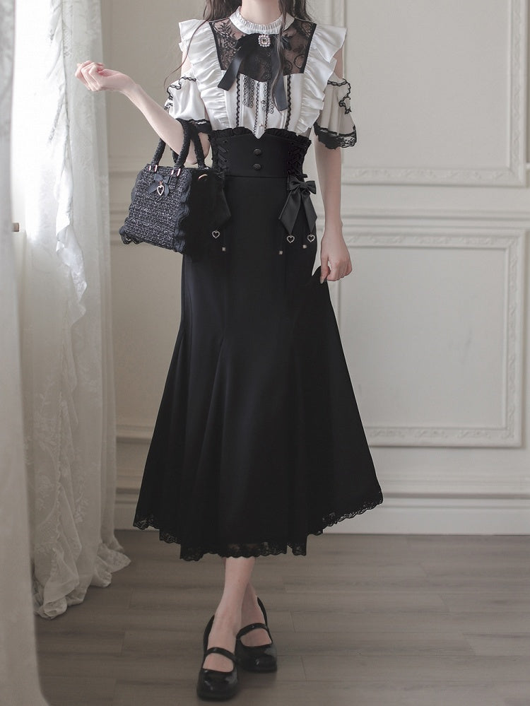 Black Jirai Kei Lace Mermaid Skirt with Side Lace-Up Waist - Walnut JK