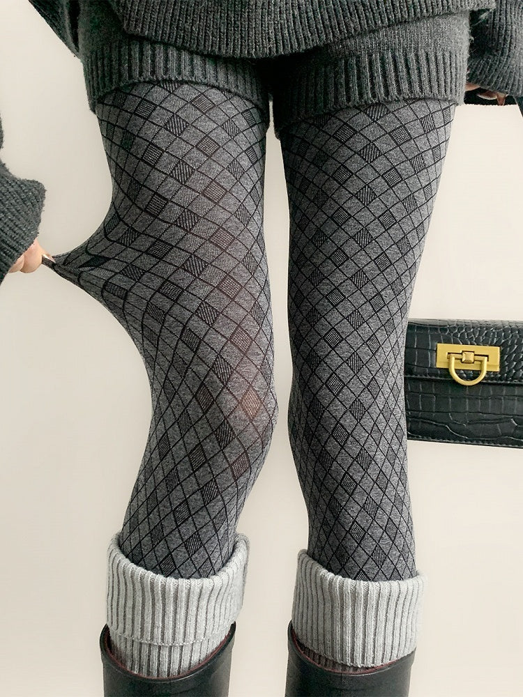 (2 Colors) Warm Knit Diamond Tights Check