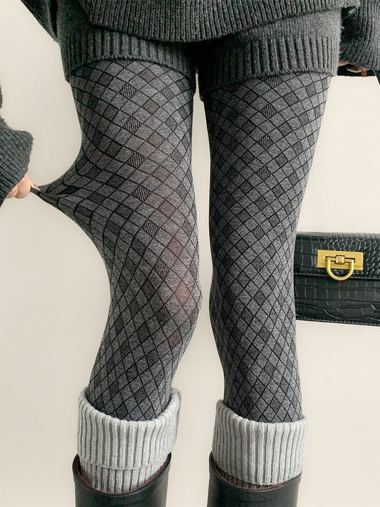 (2 Colors) Warm Knit Diamond Tights Check