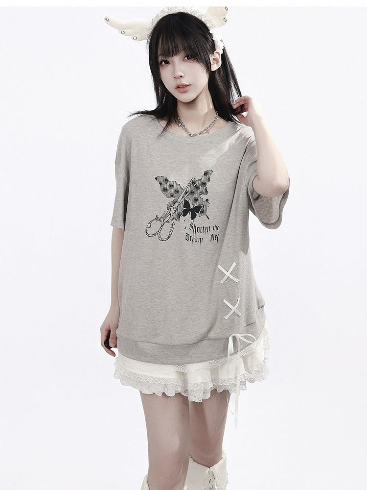 Gray Butterfly Round Neck Top with Lace & Ribbon - PINK SAVIOR