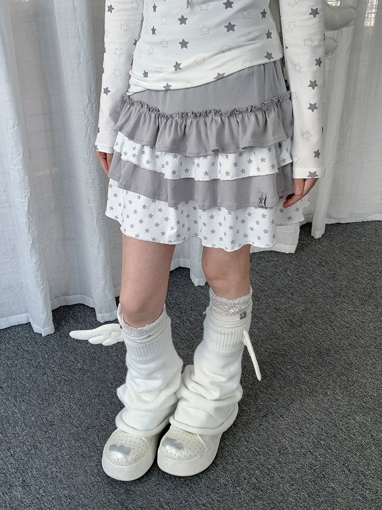 Light Gray Layered Ruffle Skirt with Star Pattern - Solkatt
