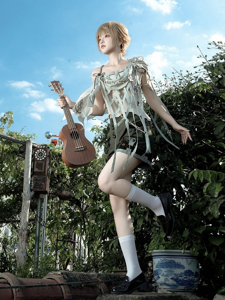 White Sleeveless Top + Asymmetrical Cutout Cape + Dark Green Multi-Button Shorts Set - Unknown Star