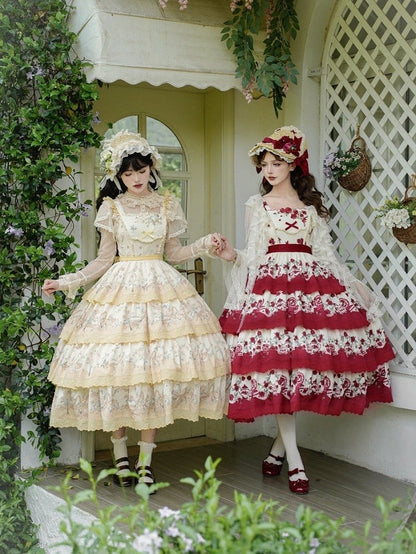 Lily Cherry Tiered Floral Dress Lolita Skirt Jumper Yellow and Classic Print