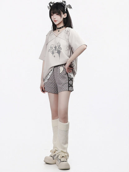Summer Light Gray Cartoon Print V-Neck Top with Ties and Lace - PINK SAVIOR