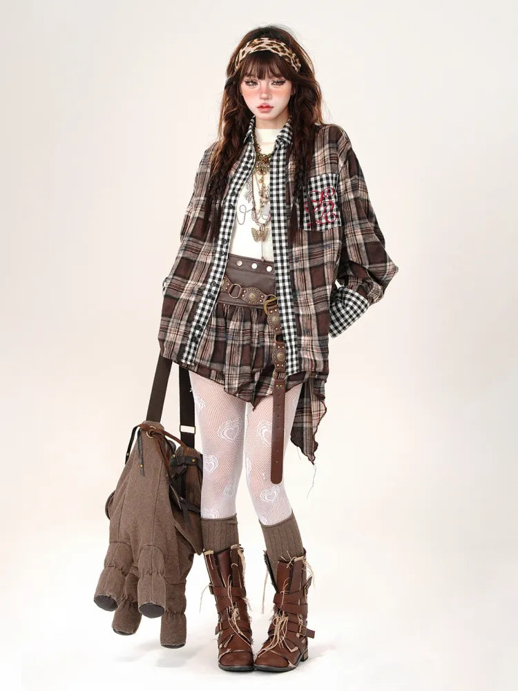 / Asymmetrical Sleeves Long Shirt Embroidered Coffee Plaid Skirt High Waist
