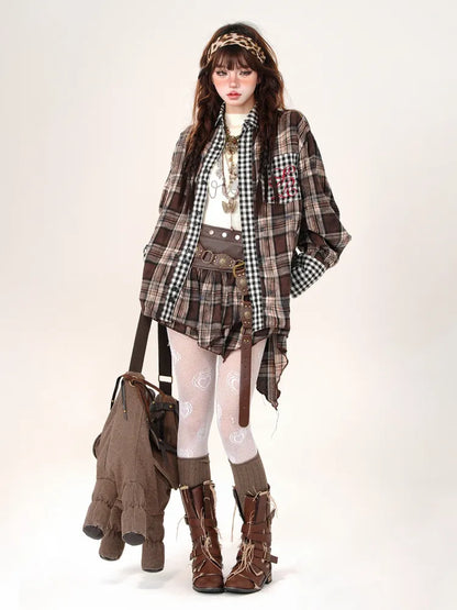 / Asymmetrical Sleeves Long Shirt Embroidered Coffee Plaid Skirt High Waist