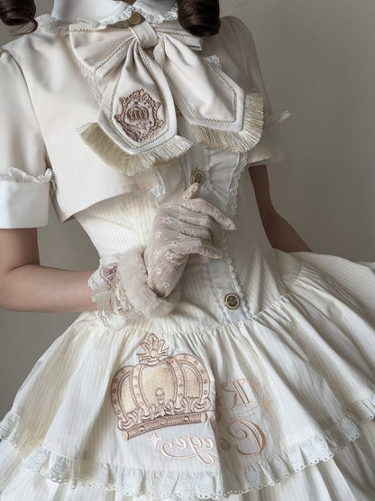 Beige Preppy Striped Two-Piece Gown with Crown Embroidery - Fairy Faith