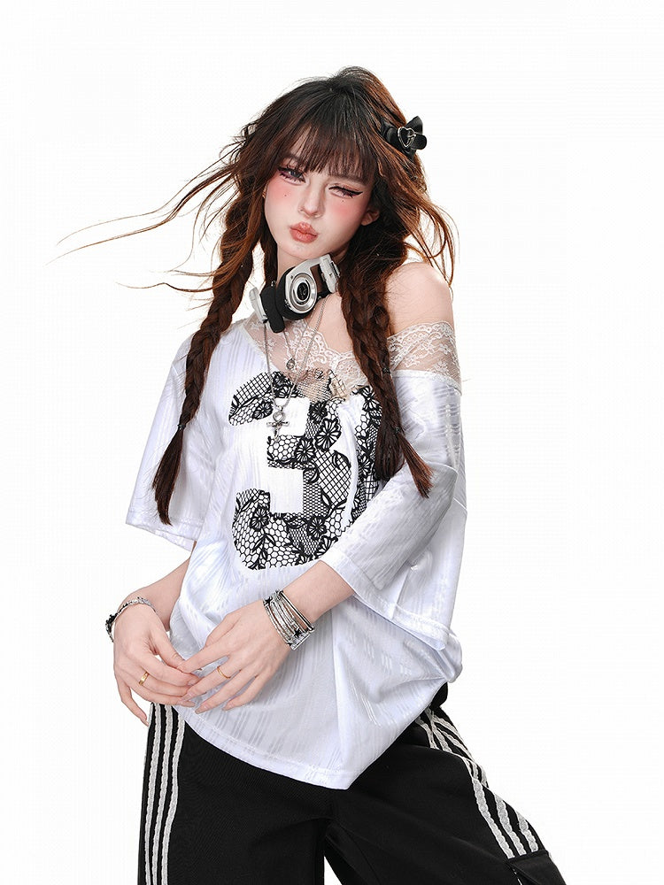 Black Lace Number Design White Asymmetrical Neckline Lace Patches Neckline Loose T-Shirt