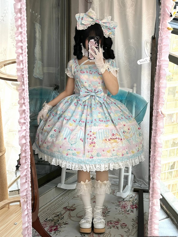 Creme Lolita Print Sweet und Kleid Sommer Kirsche Eisblau