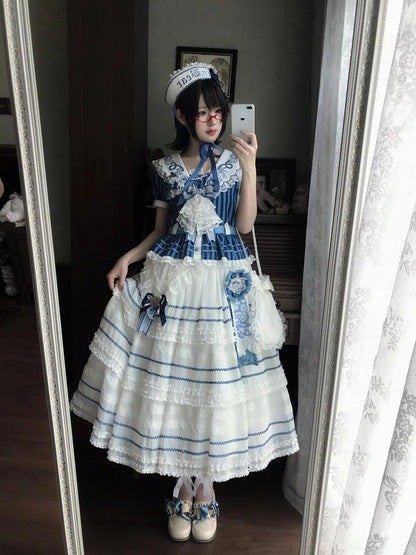 White and Blue Embroidered Sailor Top and Skirt Set - Twin Bear Original Design