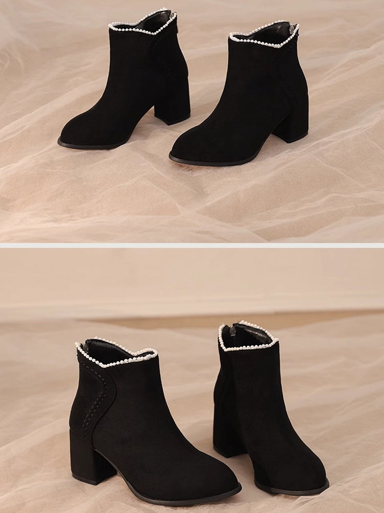 / Boots Qi Cuff Black High-heel Regular Version Lolita Thicken Beaded