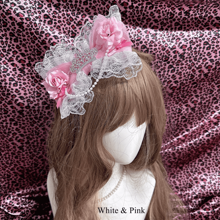 Colors Bow Rose with in Gyaru - Dazzling Chain Lace 4 Crown Hair Clip Hime Beaded