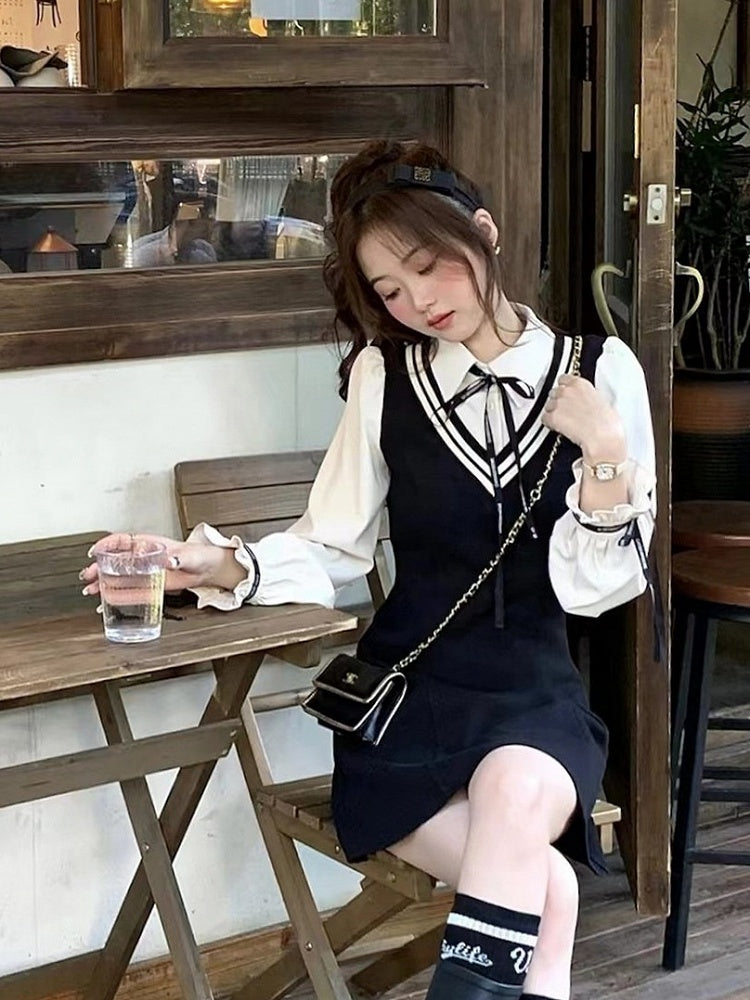 Black Fake Two Piece Polo Collar Dress with Bow - Qchiwawameme