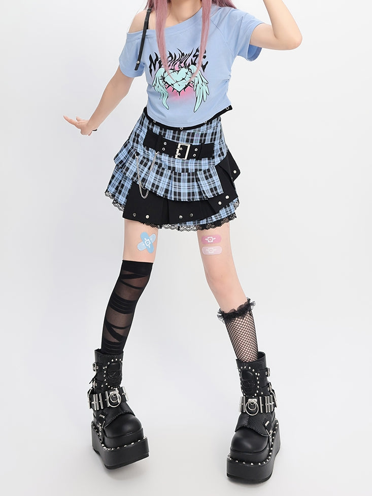 ウィングスプリント Y2K ライトブルー アシンメトリーネックライン ハート＆Tシャツ