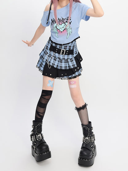 ウィングスプリント Y2K ライトブルー アシンメトリーネックライン ハート＆Tシャツ