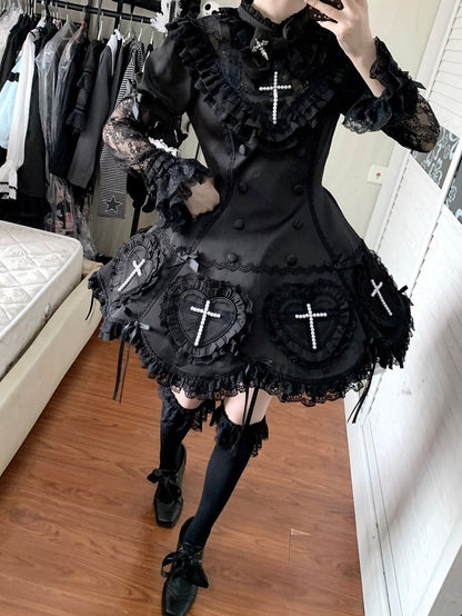 Details Cross and Lace Decoration Lolita Dress Black Gothic with Beaded