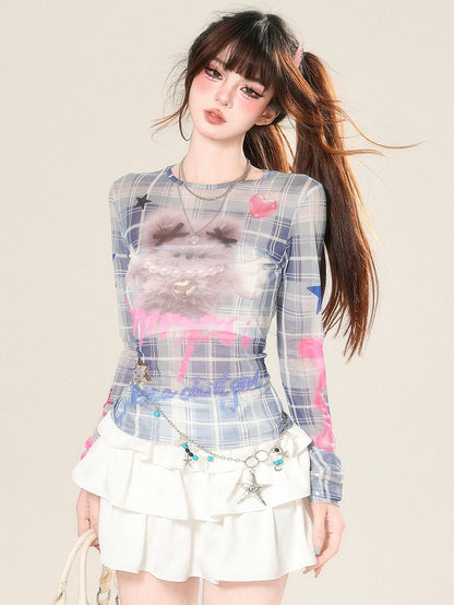 Blaues und glamouröses Top mit Druckmuster, langen Ärmeln, Buchstaben-Plaid-Puppe