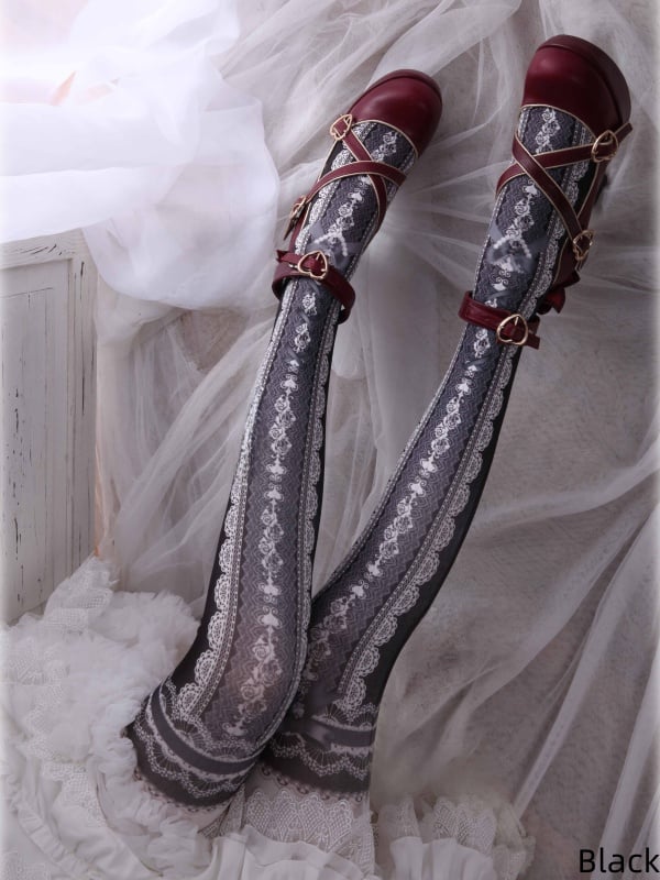 Lace Print Lolita Colors Tights 10 Strappy Bowknot