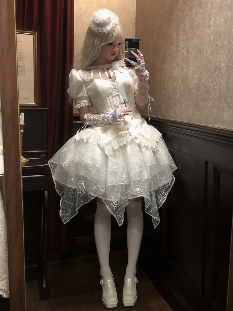 Spider Out Short Web Detachable Hallow Skirt Sleeves Lolita + Collar Gothic Overlay White Top Embroidery