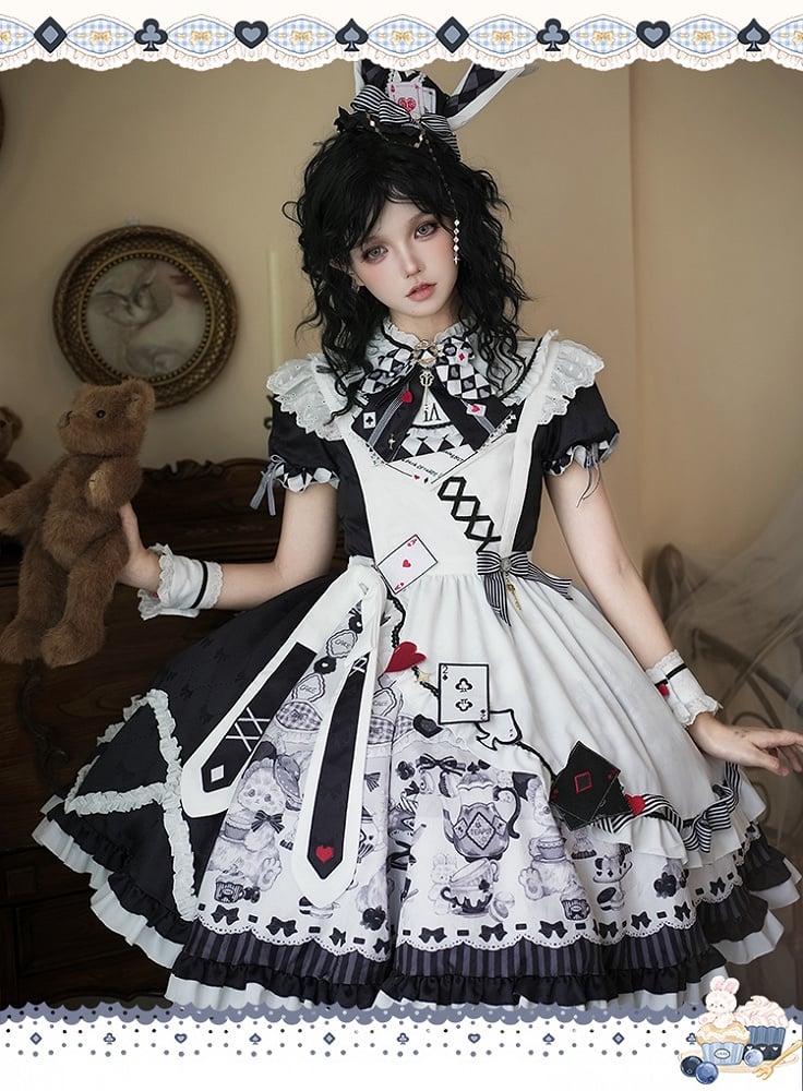 Sweet Lolita Apron Dress OP Full Set with Bunny & Teapot Print in Black and White - Ying Luo Fu