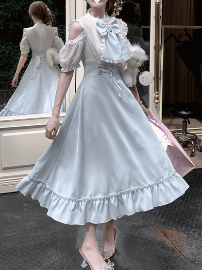 High-Waisted with Blue Light Landmine Maxi Shoulder Open Style Dress