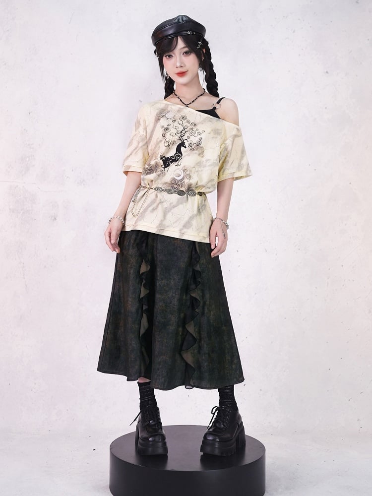Ink Wash Print Chinese Gothic Black Midi Skirt with Ruffle - Quirky Hut