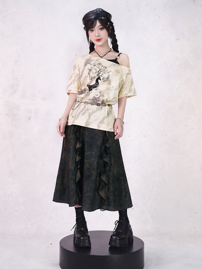 Ink Wash Print Chinese Gothic Black Midi Skirt with Ruffle - Quirky Hut