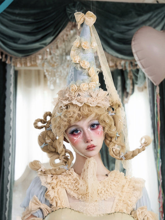 Apricot Satin Rose & Lace Bow Cone Hat with Blue Print Accents - Blood Supply