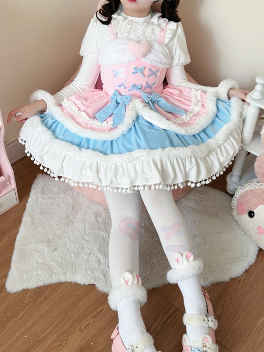Lolita Winter and Sweet Trimming for Autumn Pink Plush Dress