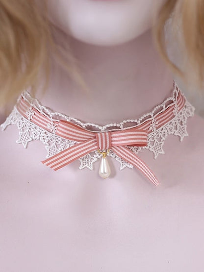 Red Pink Lace Star Striped Bowknot Choker Burgundy Lolita Cute Light /