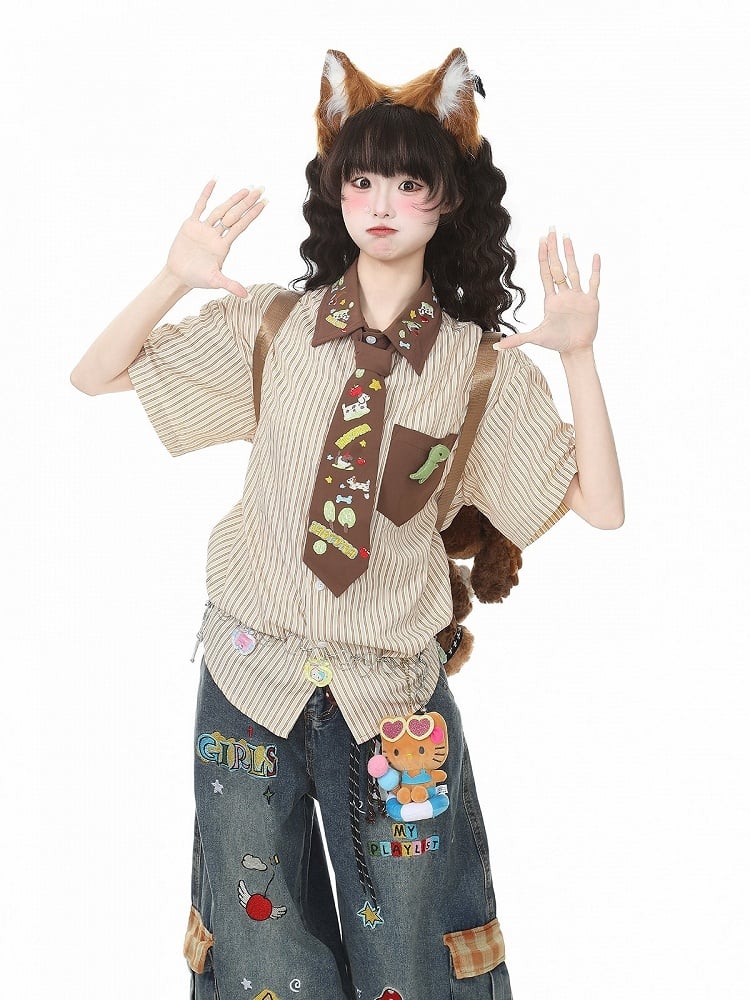 Apricot Striped Puppy Embroidered Tie Shirt - Languid Park