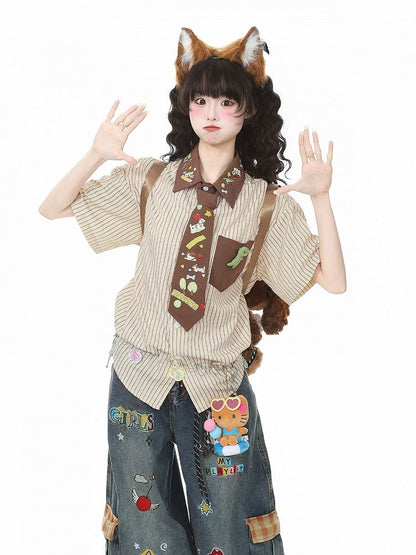 Apricot Striped Puppy Embroidered Tie Shirt - Languid Park