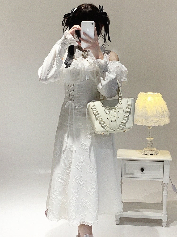 Dress Version Jirai Kei Cutout Shoulder Lace Long Bow Decor Long-Sleeve White Rhinestone