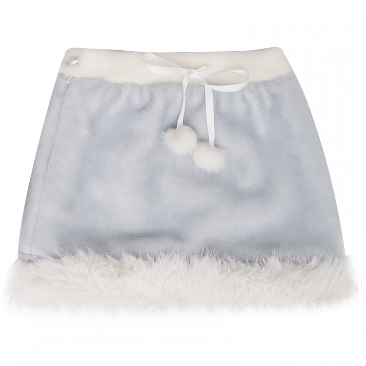 Cozy Plush-Trimmed Skirt with Pom-Pom Detailing Blue/White