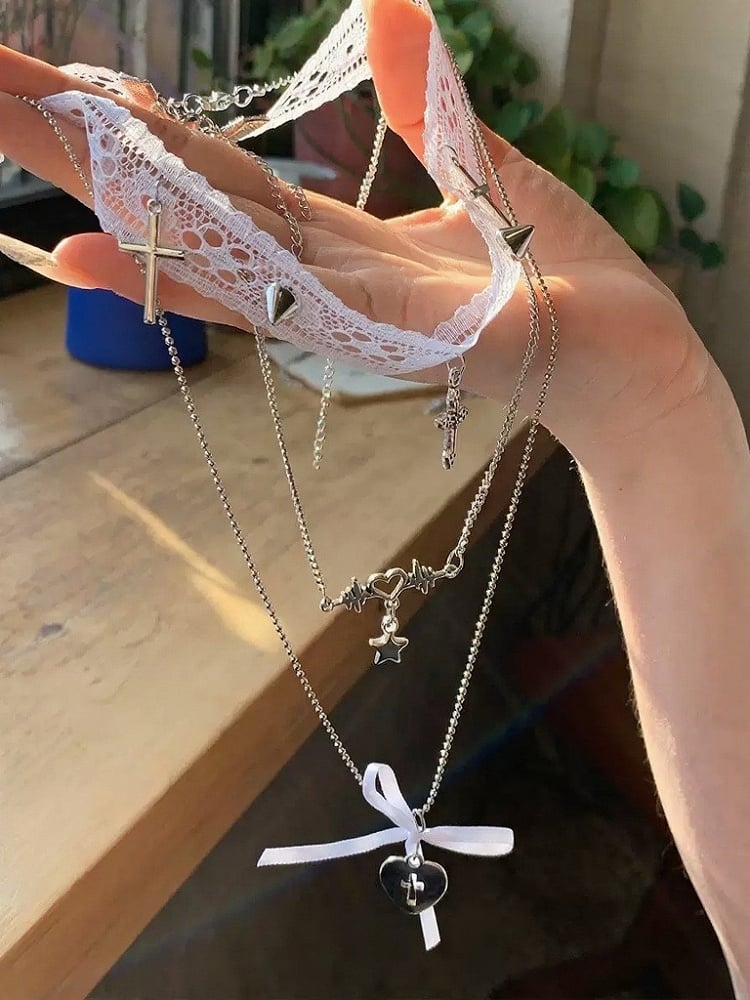 White Silver Layered Cross Choker with Lace and Bow - YSHXS