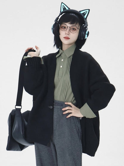 with Shirt Leg-of-Mutton Sleeves - Pleating Ouji Button Intricate Green Unisex Placket
