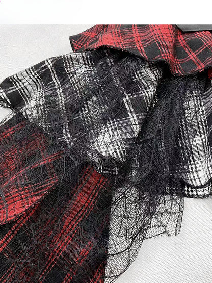 Y2K Red Plaid Asymmetrical Hem Tiered Punk Glamorous Skirt