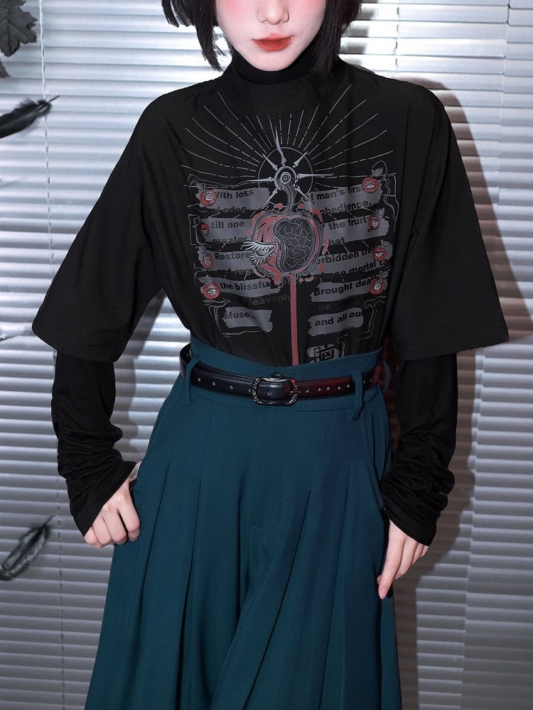 Graffiti With Gothic Sleeve Stand Top Black Print 1/2 Collar