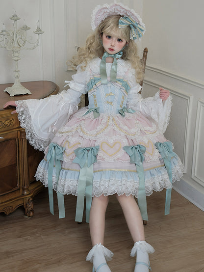 Mintgrünes Schleifen-Rosa und Blaues süßes Lolita-Korsettkleid mit Choker