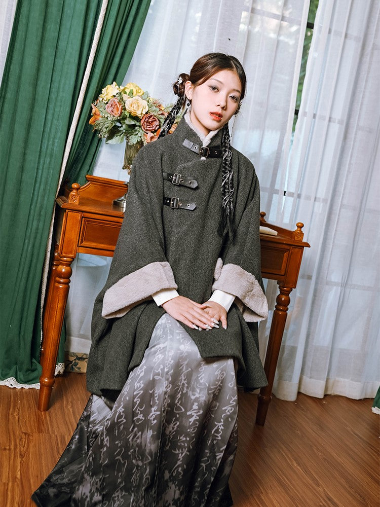 PU Coat + Cuffs with Gothic Collar Faux Cheongsam Fur Buckles Cape Gray
