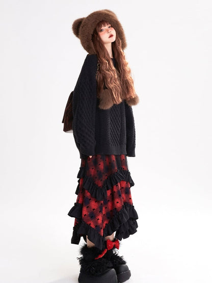 Y2K Red Plaid Pattern Asymmetrical Ruffled Hem Skirt