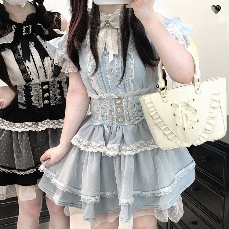 Waist Sweetheart Buttons Trim High Lace Black/Pink/Blue