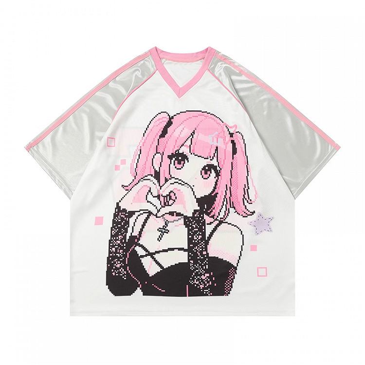Rosa lockeres T-Shirt mit V-Ausschnitt und Cartoon-Mädchen-Print