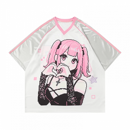 ピンクのルーズTシャツ Vネック 漫画ガールプリント ブロケットコア