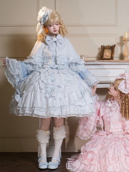 Set Baby Dress + Under Cape Lolita Blouse Sleeves Blue Full Dollcore Bell Bust - JSK